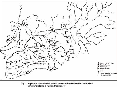 Fig 1 Toponime semnificative pentru reconstituirea structurilor teritoriale. Structura interna a 