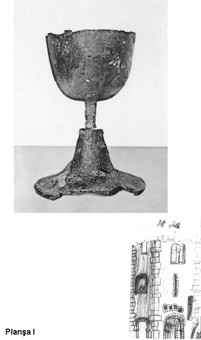 Planşa I: 1. Potir din bronz aurit din Beriu; 2. Ruinele turnului fostei biserici romanice din Beriu. Desen sec. XIX (după H. Fabini, 1998).