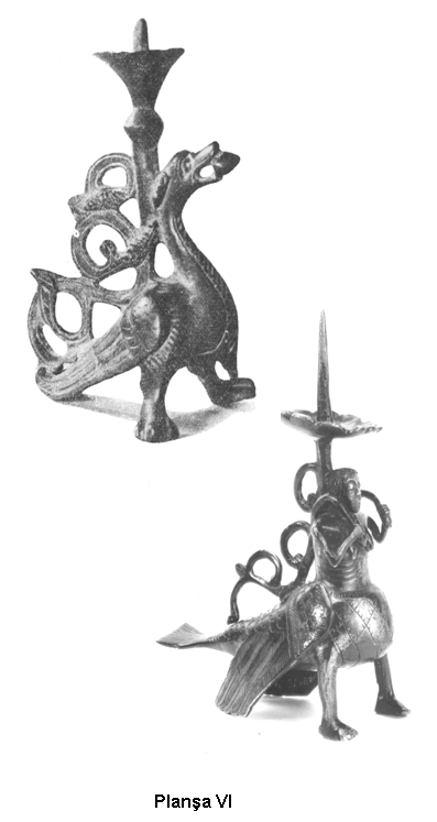 Planşa VI: 1. Sfeşnic animalier din bronz (Muzeul regional Cluj); 2. Sfeşnic din bronz din Hajdúhadház-Monostordülõ (Kom. Hajdú-Bihar).